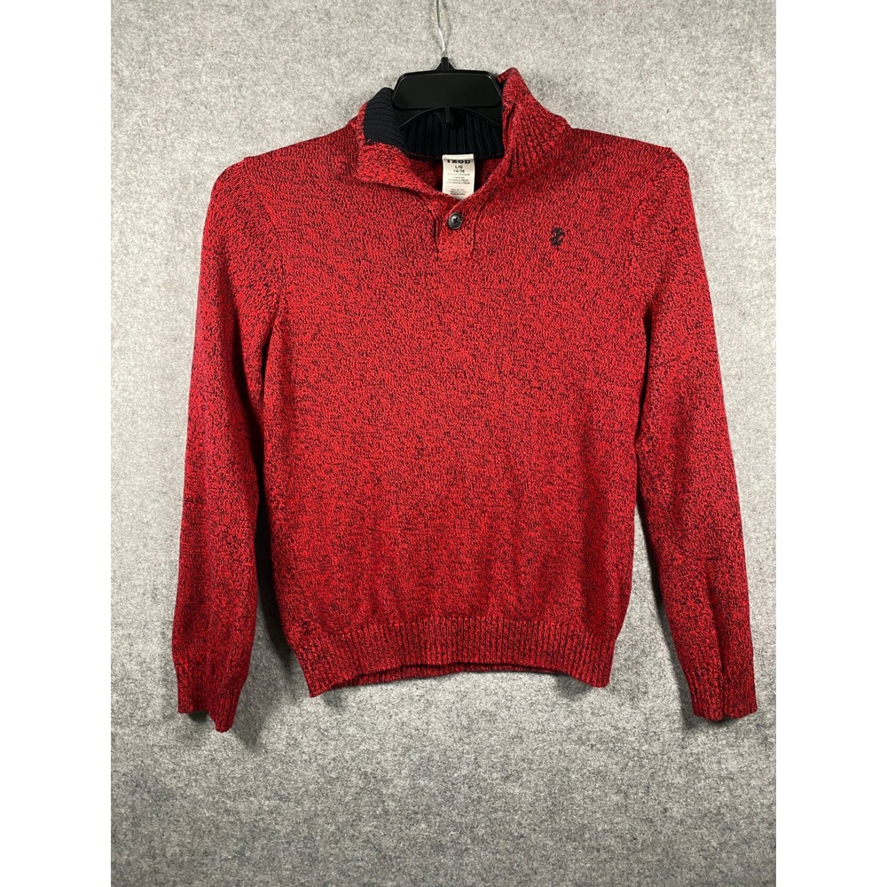 IZOD Boys Red Black Marled Mock Neck Button Sweater Size L 14/16 Regular Fit